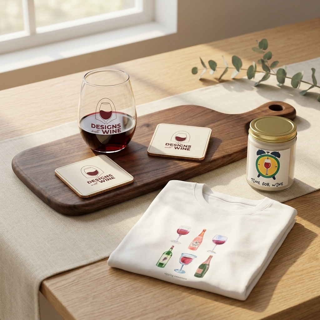 The Grand Gesture Bundle — black walnut serving board, Designs With Wine Red Wine Lover stemless glass, two logo cork-back coasters, Time for Wine candle and Life is Sweet tee styled together