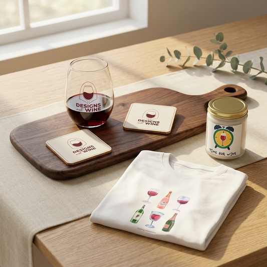 The Grand Gesture Bundle — black walnut serving board, Designs With Wine Red Wine Lover stemless glass, two logo cork-back coasters, Time for Wine candle and Life is Sweet tee styled together