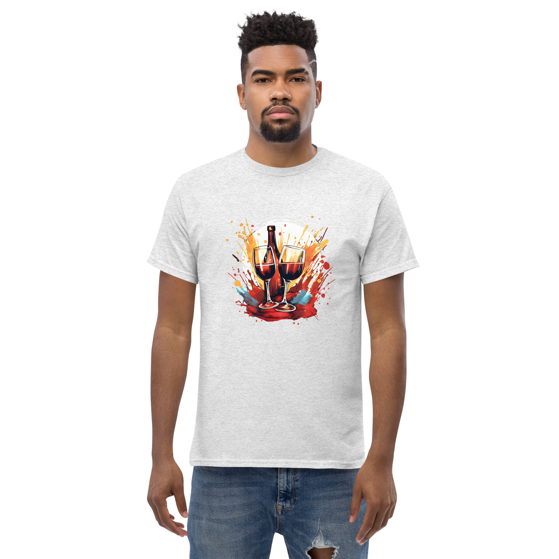 Abstract wine splash artwork in motion printed on a classic tee