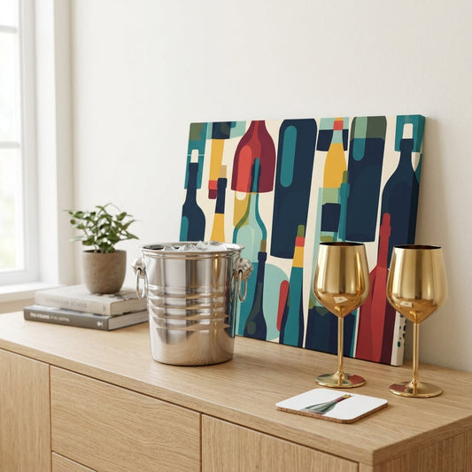 New Address, First Pour housewarming wine gift bundle: tiger-head stainless ice bucket with ice, two gold stainless wine glasses, Bold Bottles canvas wall art and the Wine Bottle cork-back coaster on an oak sideboard