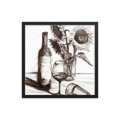 Still Life in Ink framed wine art print in a black frame, included in the retirement bundle