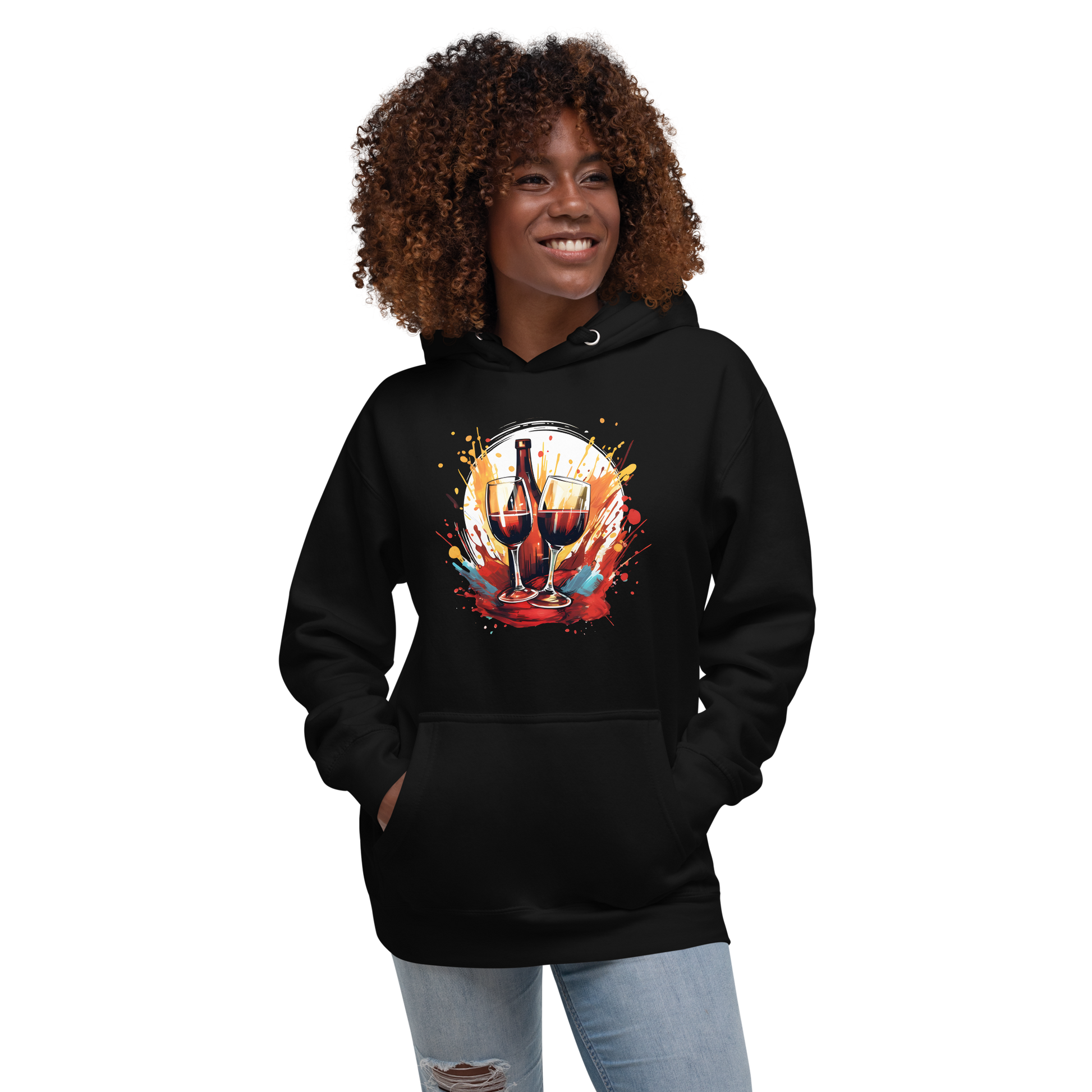 Abstract wine splash artwork on a plush unisex hoodie