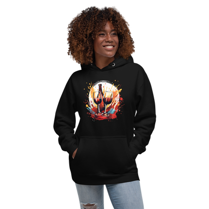 Abstract wine splash artwork on a plush unisex hoodie