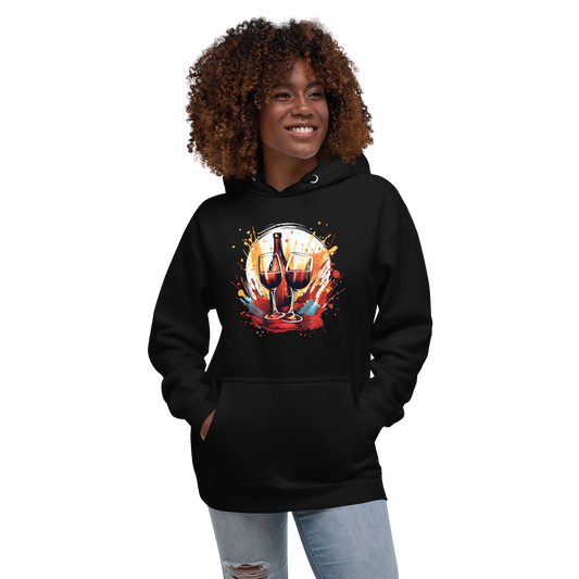 Abstract wine splash artwork on a plush unisex hoodie