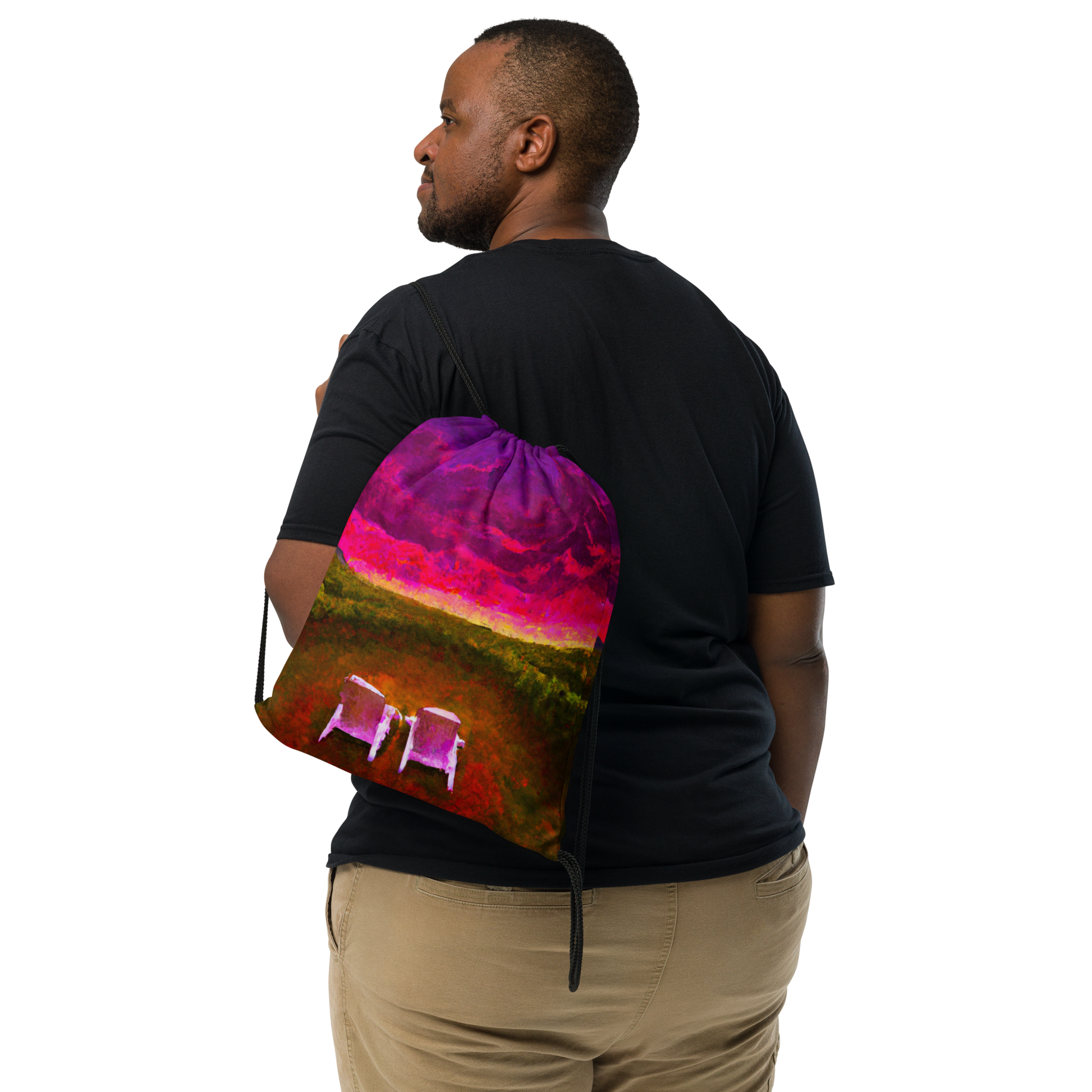 Surreal Sunset artwork printed on a drawstring cinch bag