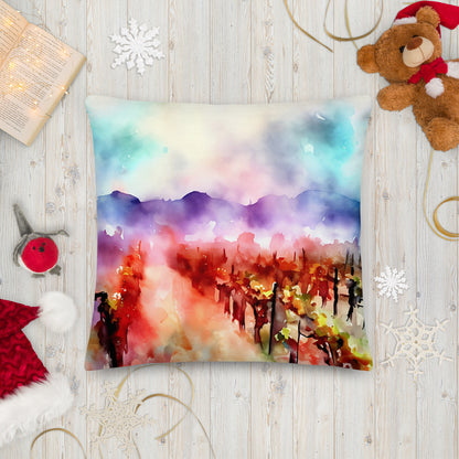 Fiery Vines vineyard artwork on a square throw pillow