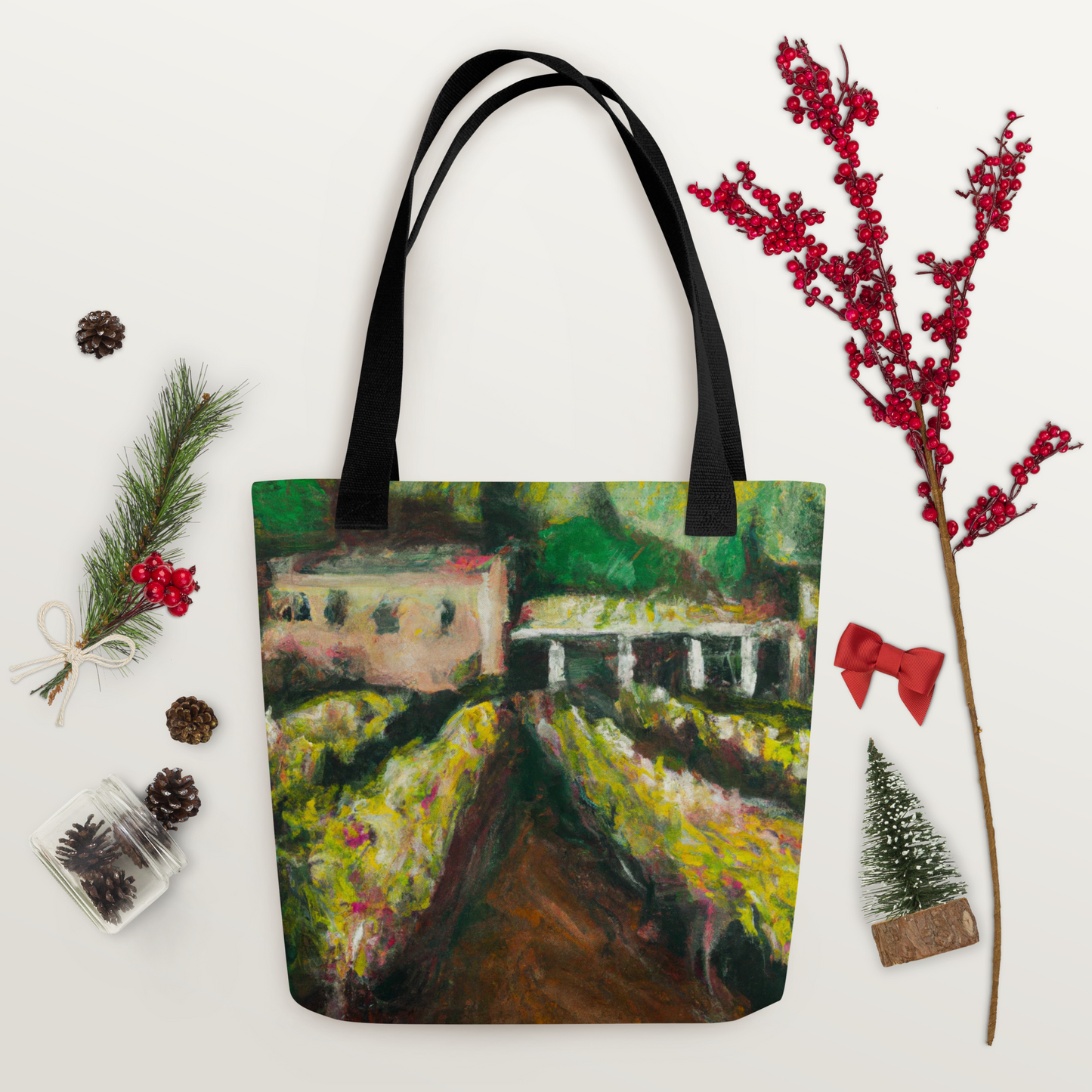 Impressionist villa vineyard painting printed on a 15 inch tote bag