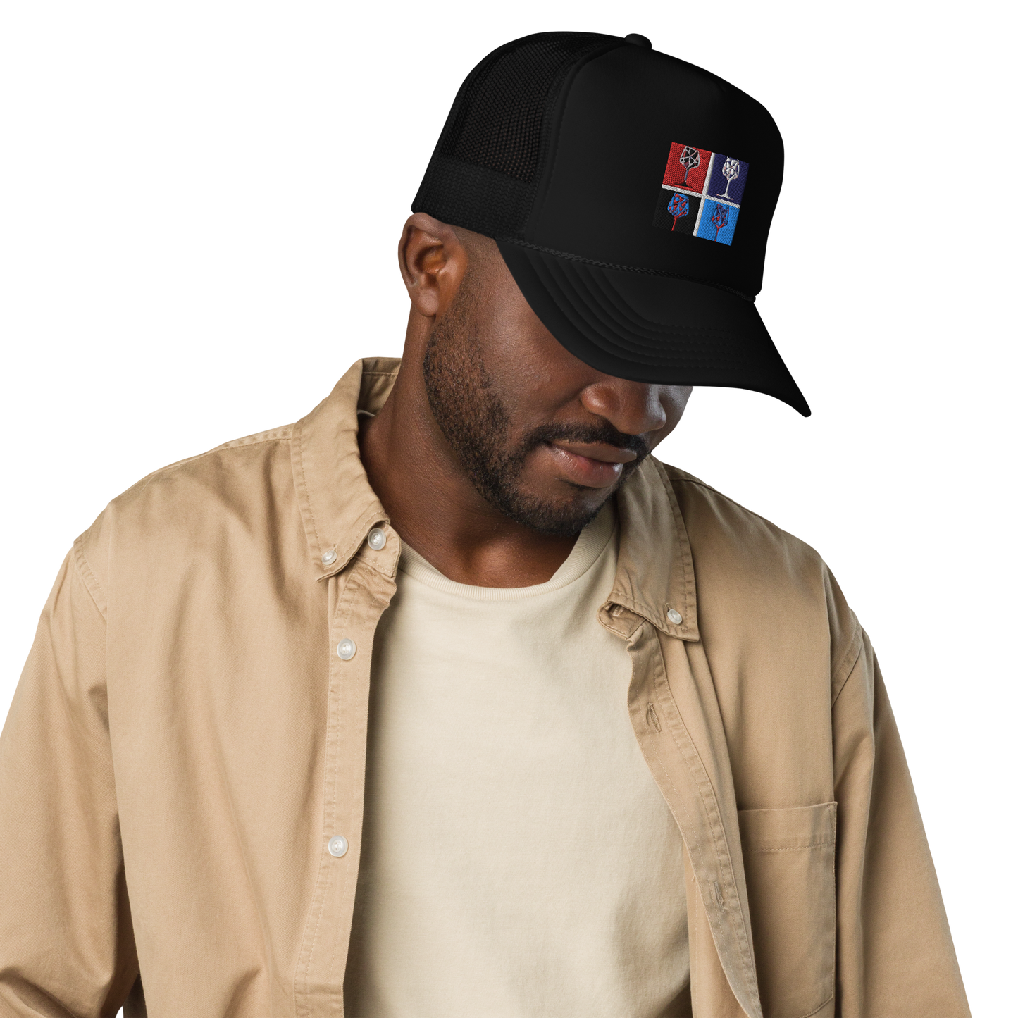 Broken Glasses graphic on a foam front trucker hat with mesh back