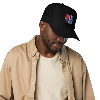 Broken Glasses graphic on a foam front trucker hat with mesh back