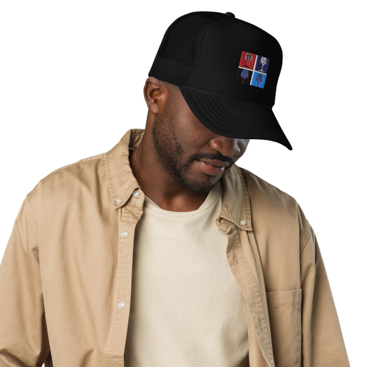 Broken Glasses graphic on a foam front trucker hat with mesh back