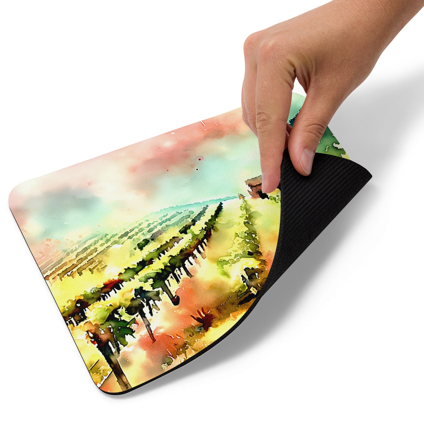 Watercolor vineyard artwork on a rectangular mouse pad