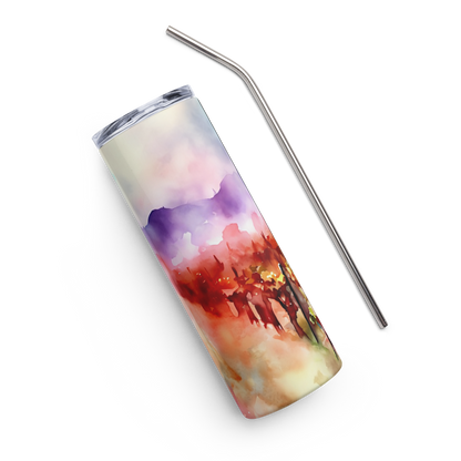 Fiery Vines vineyard artwork wrapped around a matte 20oz stainless steel tumbler