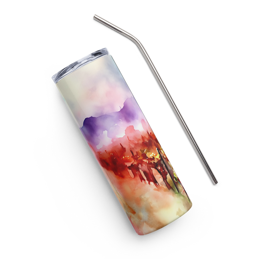 Fiery Vines vineyard artwork wrapped around a matte 20oz stainless steel tumbler